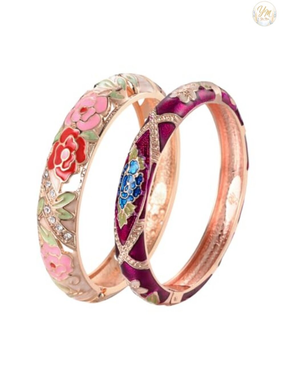 Vintage Cloisonne Enamel Rhinestone Hinged Cuff Bracelet Bangle